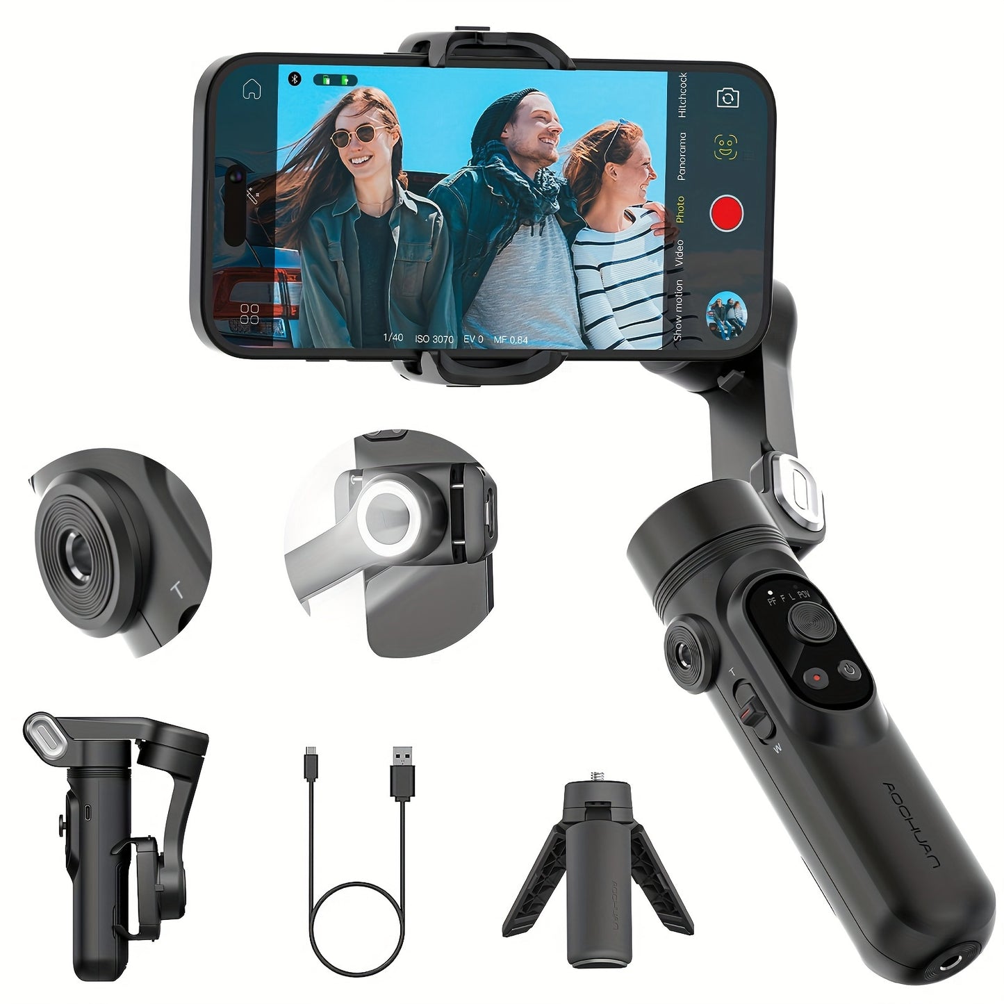 AOCHUAN Smart X Smartphone Gimbal Stabilizer With Built-in LED Light, 3-axis Foldable, For Vlogging, Suitable For iPhone And Android Phones