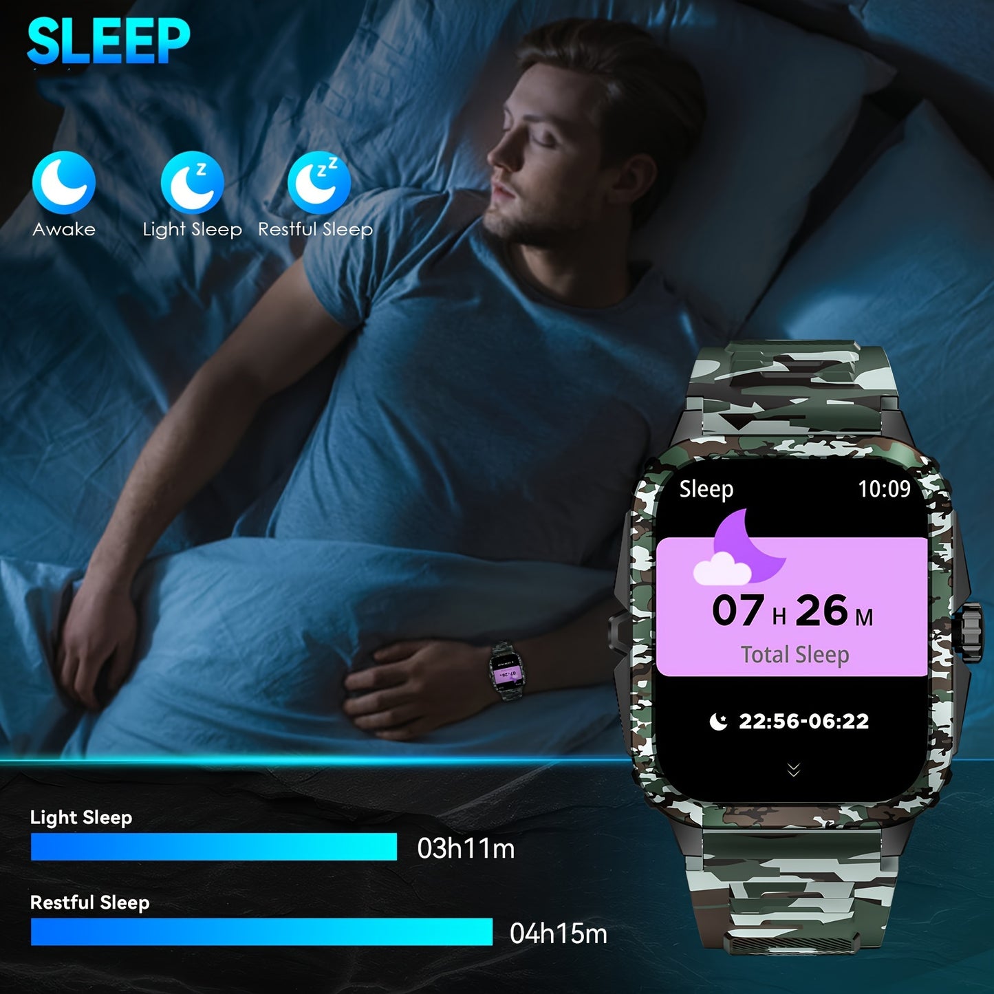 JELLOO Camo Style Smart Watch With Exercise Recording/Voice Assistant/Weather, 4.98cm Smartwatch With Wireless Call(Answer/Make/Reject Calls)/Sport Fitness Tracker With Multi-Sports Mode, For IPhone Android Phone