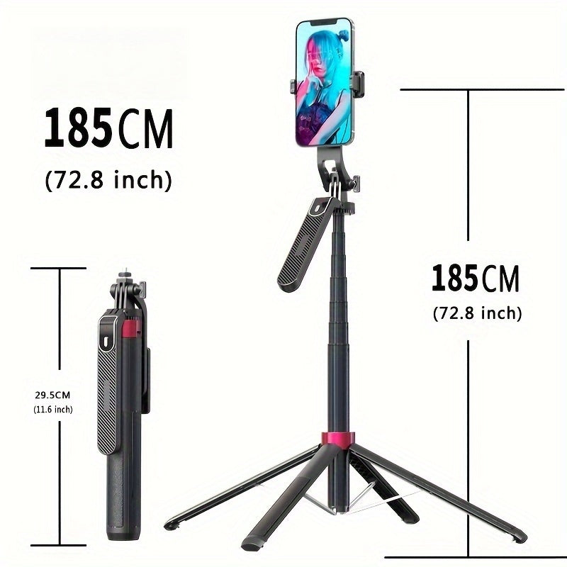 72-Inch Multi-Function Selfie Stick, Four-Leg Camera Tripod, Portable Handheld Gimbal and Stabilizer for Phones Up to 1.85 Meters, Model P185, Lightweight, Expandable, Compatible with iOS and Various Android Phones, Ideal for