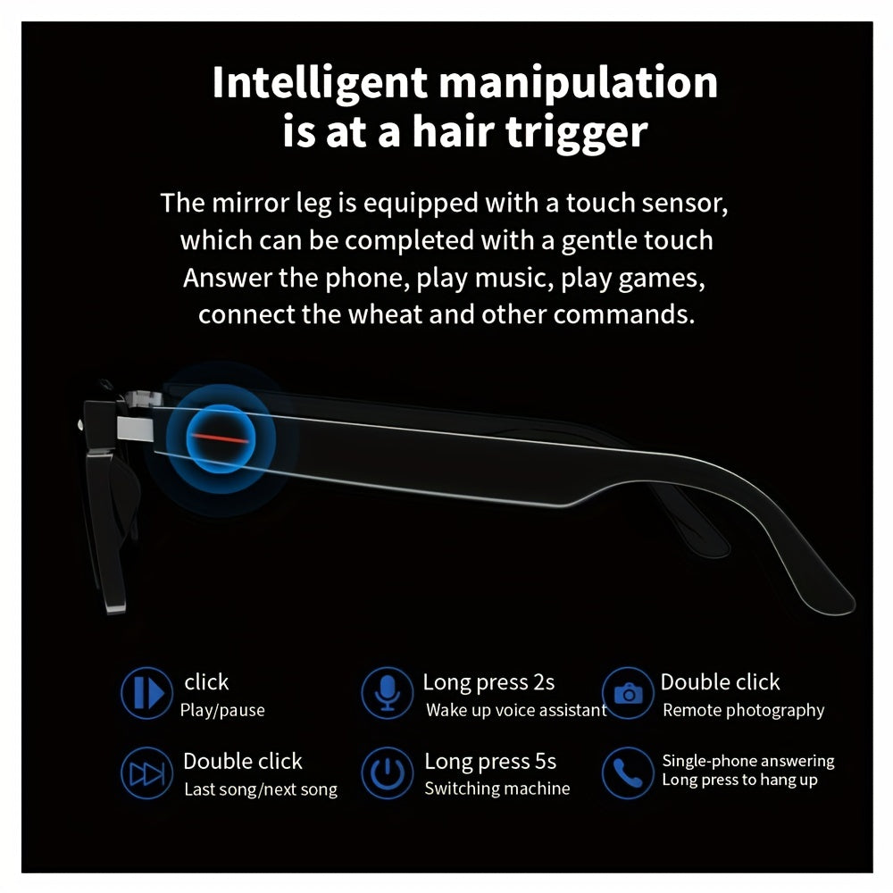 SENBONO Smart Glasses; Blue Light Filtering & Polarized Glass Lenses - Low Latency Audio - Built-in Mic & Speakers - Touch & AI Voice Assistant Compatible - 5hrs Battery - Rectangle/Large Gift For Birthday/Easter/President's