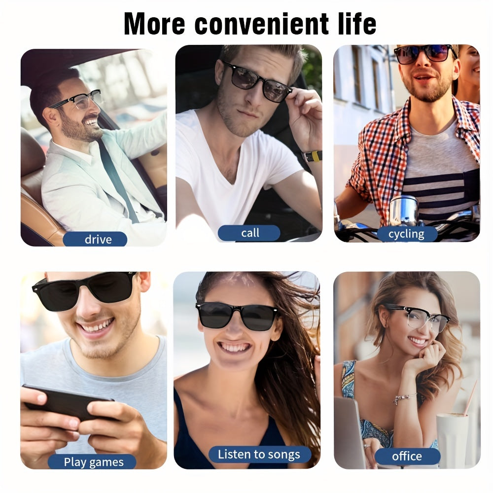 SENBONO Smart Glasses; Blue Light Filtering & Polarized Glass Lenses - Low Latency Audio - Built-in Mic & Speakers - Touch & AI Voice Assistant Compatible - 5hrs Battery - Rectangle/Large Gift For Birthday/Easter/President's