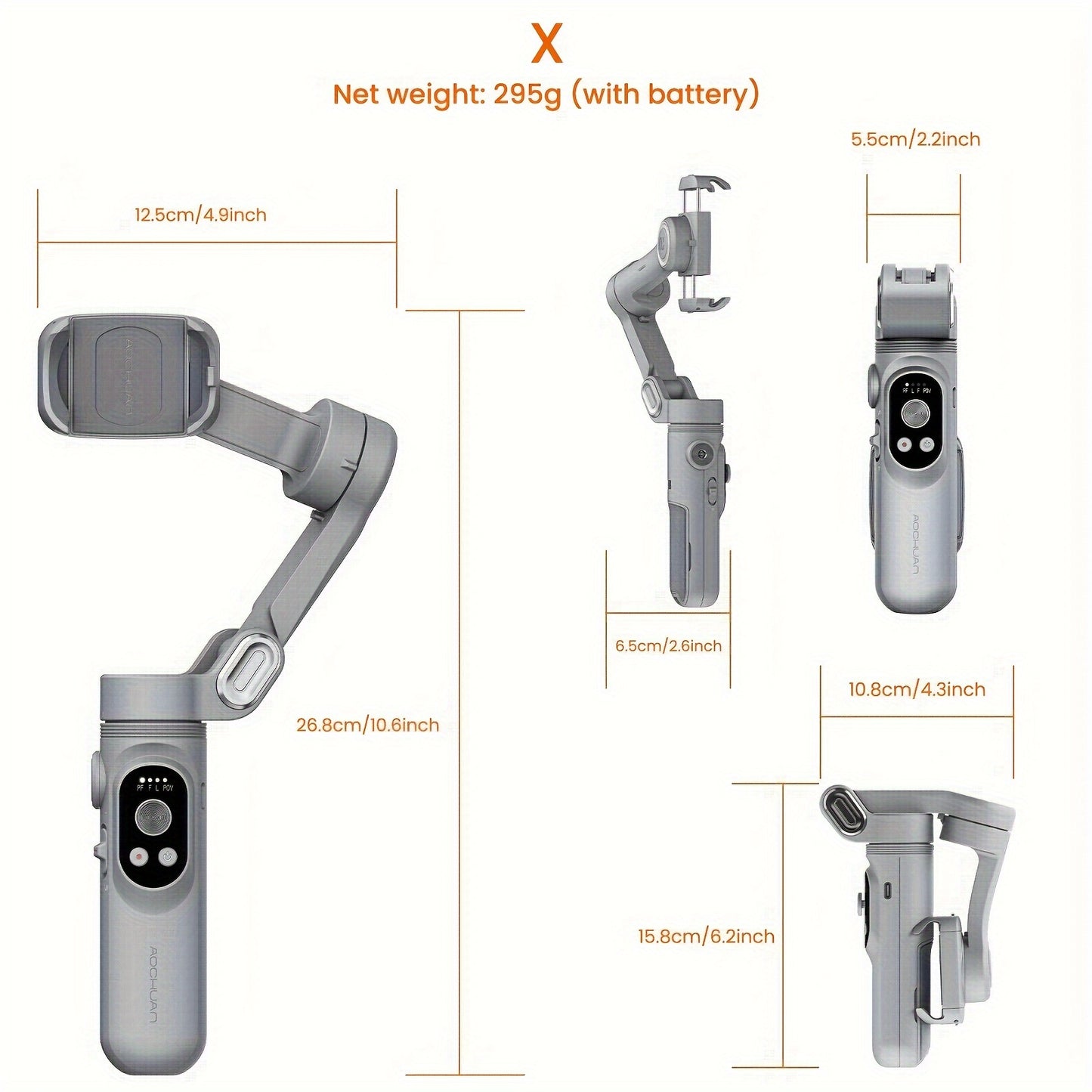AOCHUAN Smart X Smartphone Gimbal Stabilizer With Built-in LED Light, 3-axis Foldable, For Vlogging, Suitable For iPhone And Android Phones