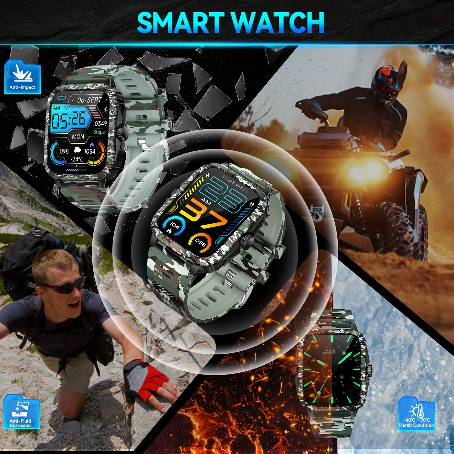 JELLOO Camo Style Smart Watch With Exercise Recording/Voice Assistant/Weather, 4.98cm Smartwatch With Wireless Call(Answer/Make/Reject Calls)/Sport Fitness Tracker With Multi-Sports Mode, For IPhone Android Phone