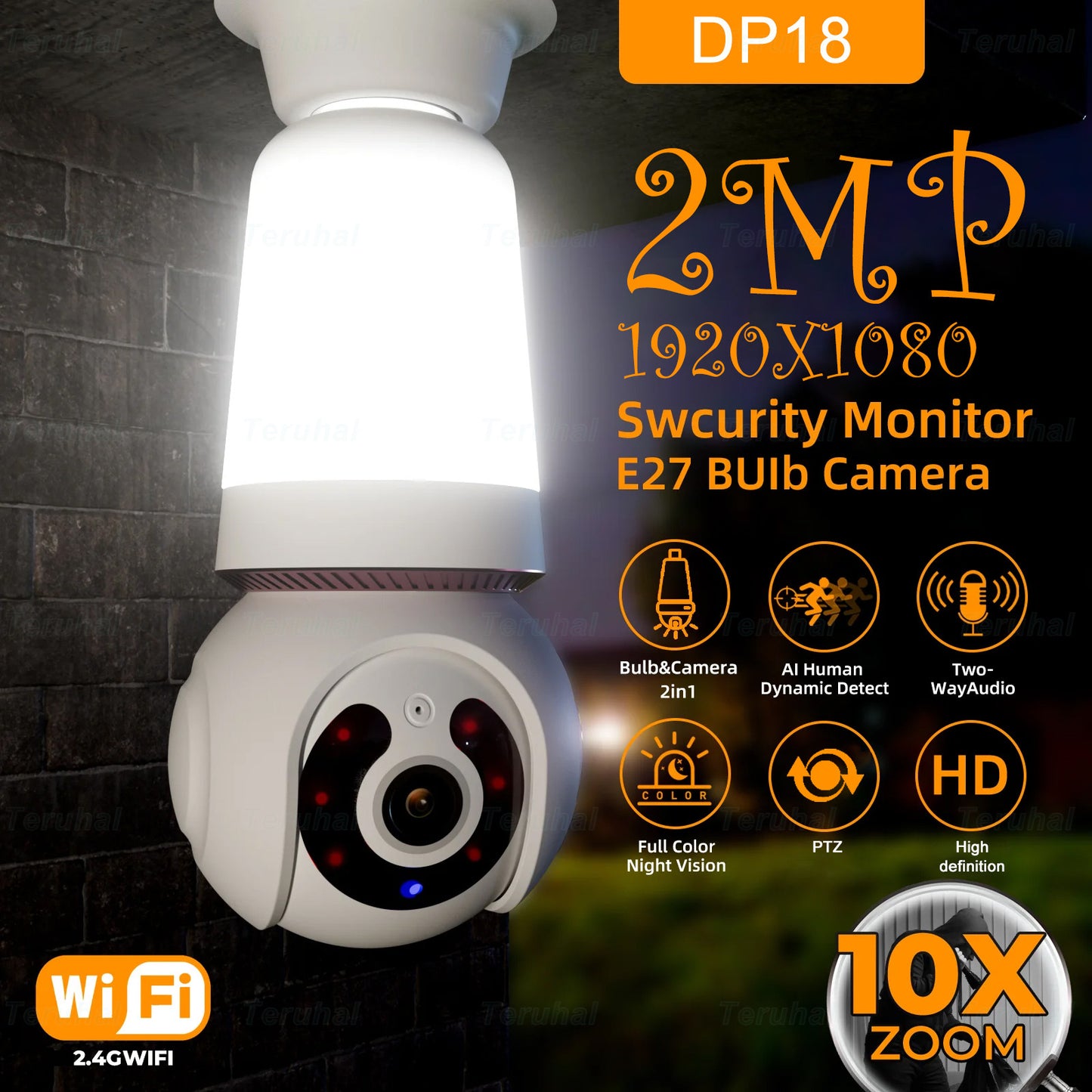 Teruhal Smart Security Light Bulb Camera - 1080P HD, Color Night Vision, Two-Way Audio, Motion Alerts & Auto Tracking, Adjustable Brightness
