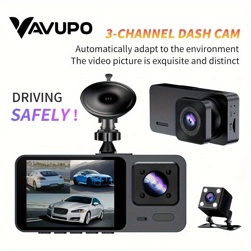 Vavupo 1080P Dash Cam, 3 Channel Dash Cam Front And Insid, Triple Dash Cam for Car, Dash Camera, 1080P Full UHD, G-Sensor, 170°Deg Wide Angle Dashboard with Infrared Night Vision