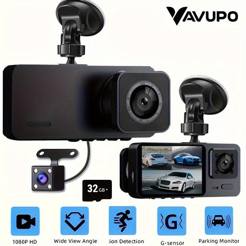 Vavupo 1080P Dash Cam, 3 Channel Dash Cam Front And Insid, Triple Dash Cam for Car, Dash Camera, 1080P Full UHD, G-Sensor, 170°Deg Wide Angle Dashboard with Infrared Night Vision