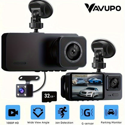 Vavupo 1080P Dash Cam, 3 Channel Dash Cam Front And Insid, Triple Dash Cam for Car, Dash Camera, 1080P Full UHD, G-Sensor, 170°Deg Wide Angle Dashboard with Infrared Night Vision