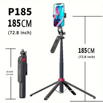 72-Inch Multi-Function Selfie Stick, Four-Leg Camera Tripod, Portable Handheld Gimbal and Stabilizer for Phones Up to 1.85 Meters, Model P185, Lightweight, Expandable, Compatible with iOS and Various Android Phones, Ideal for