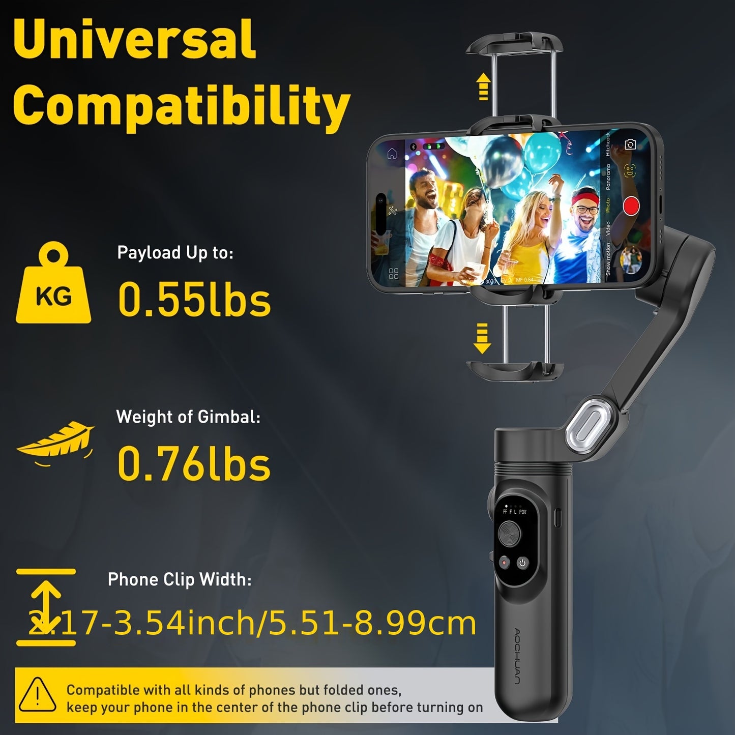 AOCHUAN Smart X Smartphone Gimbal Stabilizer With Built-in LED Light, 3-axis Foldable, For Vlogging, Suitable For iPhone And Android Phones