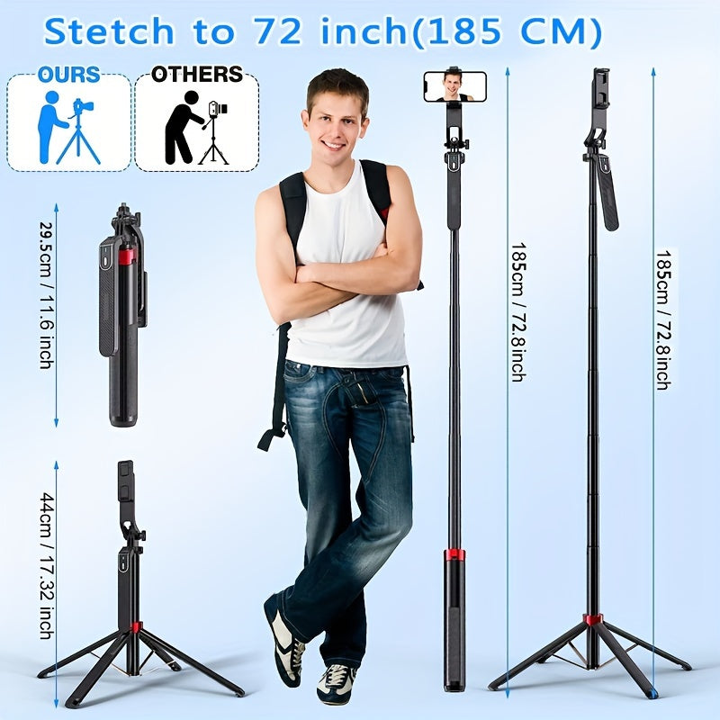 72-Inch Multi-Function Selfie Stick, Four-Leg Camera Tripod, Portable Handheld Gimbal and Stabilizer for Phones Up to 1.85 Meters, Model P185, Lightweight, Expandable, Compatible with iOS and Various Android Phones, Ideal for