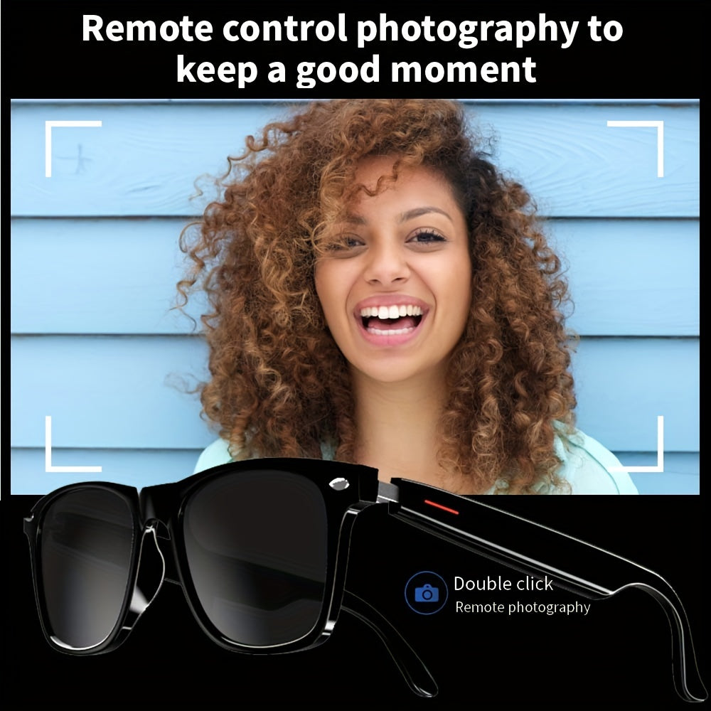 SENBONO Smart Glasses; Blue Light Filtering & Polarized Glass Lenses - Low Latency Audio - Built-in Mic & Speakers - Touch & AI Voice Assistant Compatible - 5hrs Battery - Rectangle/Large Gift For Birthday/Easter/President's