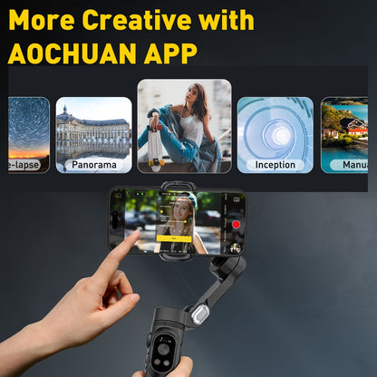 AOCHUAN Smart X Smartphone Gimbal Stabilizer With Built-in LED Light, 3-axis Foldable, For Vlogging, Suitable For iPhone And Android Phones