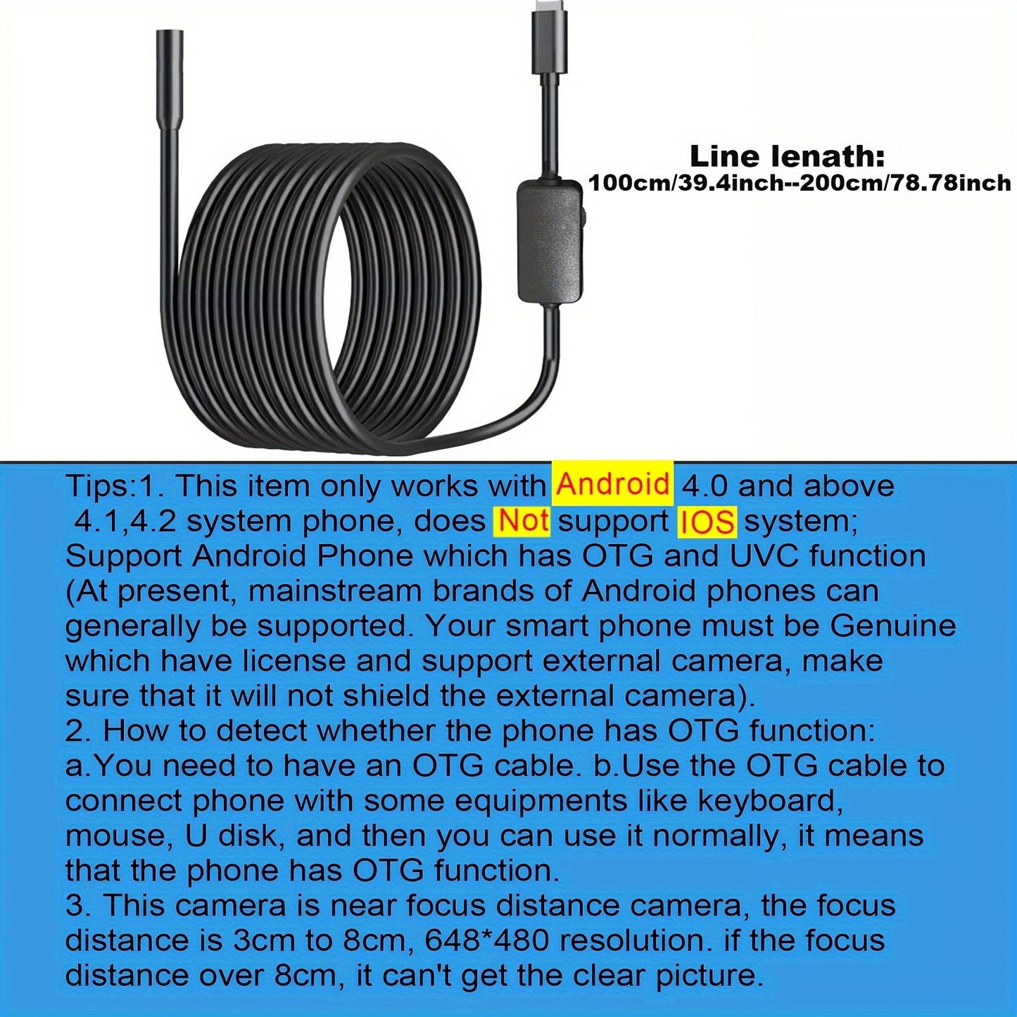 1m/2m Endoscope Camera Waterproof Endoscope Borescope Adjustable Soft Wire 7mm Android Type-C USB Inspection Camea For Car(640*480P Resolution)