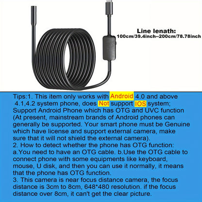 1m/2m Endoscope Camera Waterproof Endoscope Borescope Adjustable Soft Wire 7mm Android Type-C USB Inspection Camea For Car(640*480P Resolution)