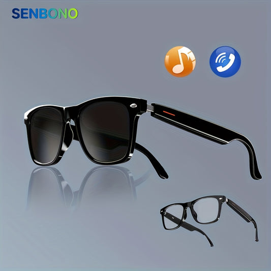 SENBONO Smart Glasses; Blue Light Filtering & Polarized Glass Lenses - Low Latency Audio - Built-in Mic & Speakers - Touch & AI Voice Assistant Compatible - 5hrs Battery - Rectangle/Large Gift For Birthday/Easter/President's
