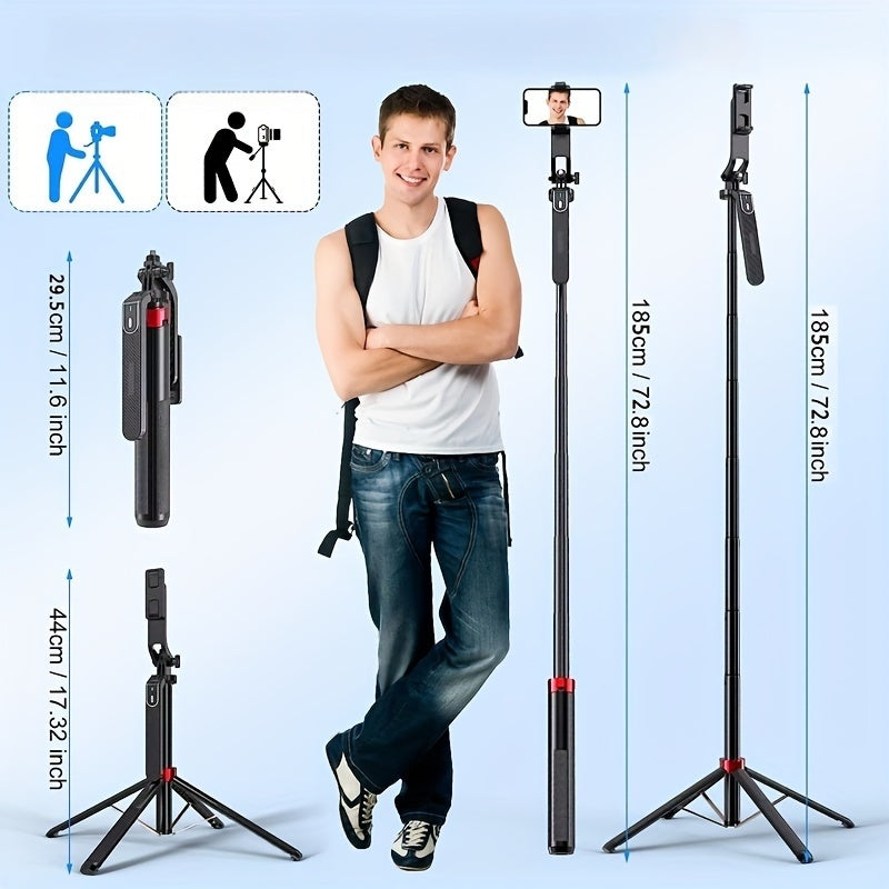 72-Inch Multi-Function Selfie Stick, Four-Leg Camera Tripod, Portable Handheld Gimbal and Stabilizer for Phones Up to 1.85 Meters, Model P185, Lightweight, Expandable, Compatible with iOS and Various Android Phones, Ideal for