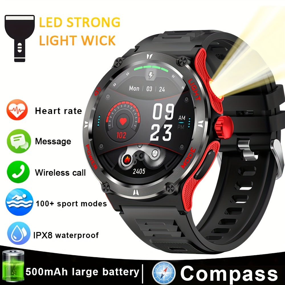 Popular Outdoor Smart Watch For Men Women, 500mAh Extra-Long Battery, With Ultra Powerful Flashlight, Compass, Waterproof Rugged Smartwatch With 1.53-inch Ultra Clear Screen With 360 * 360 Pixels, For Android And IPhone