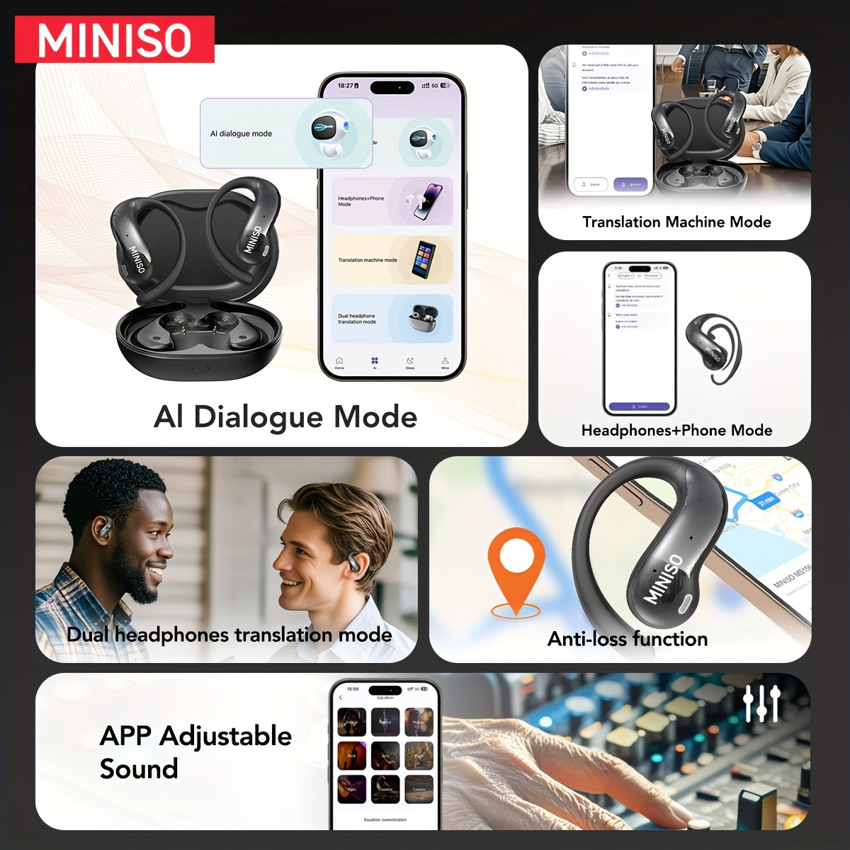 [MINISO MS188 AI Translator] MINISO MS188 AI Language Translation In Ear Headphones | Support 150 Languages, Intelligent High-definition Touch Screen, Real-time Headphone Translator, High-definition Sound Quality, Ultra Long