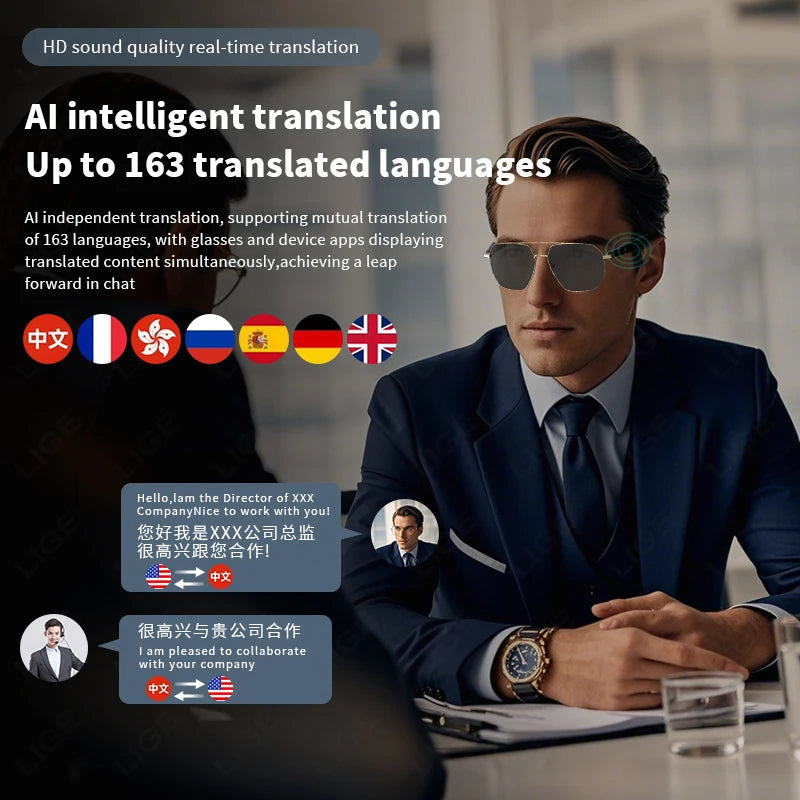 2025 nouvelles lunettes intelligentes plusieurs langues traduction en temps réel appel sans fil lecture de musique lunettes de soleil étanche hommes lunettes intelligentes