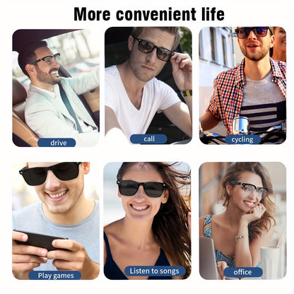 SENBONO Smart Glasses; Blue Light Filtering & Polarized Glass Lenses - Low Latency Audio - Built-in Mic & Speakers - Touch & AI Voice Assistant Compatible - 5hrs Battery - Rectangle/Large Gift For Birthday/Easter/President's