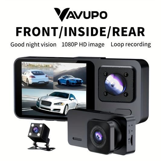 Vavupo 1080P Dash Cam, 3 Channel Dash Cam Front And Insid, Triple Dash Cam for Car, Dash Camera, 1080P Full UHD, G-Sensor, 170°Deg Wide Angle Dashboard with Infrared Night Vision