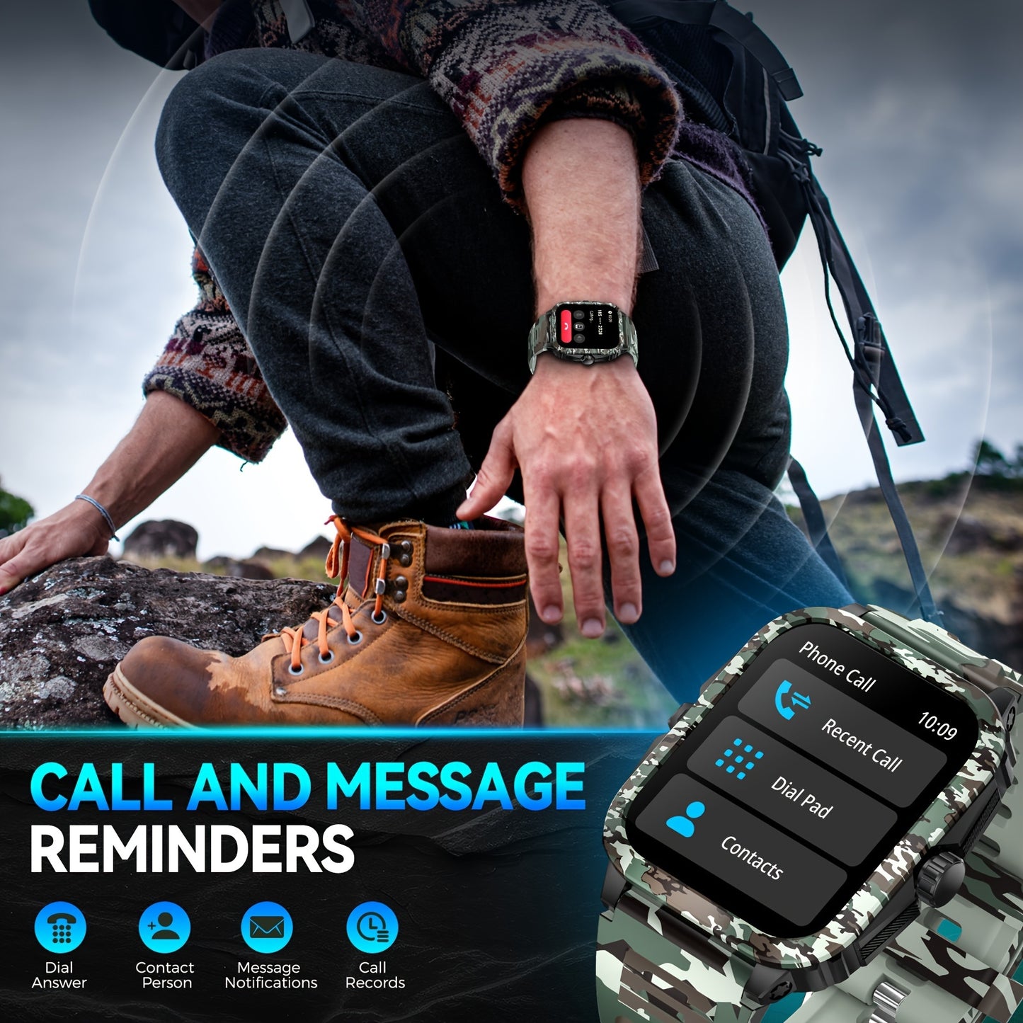 JELLOO Camo Style Smart Watch With Exercise Recording/Voice Assistant/Weather, 4.98cm Smartwatch With Wireless Call(Answer/Make/Reject Calls)/Sport Fitness Tracker With Multi-Sports Mode, For IPhone Android Phone