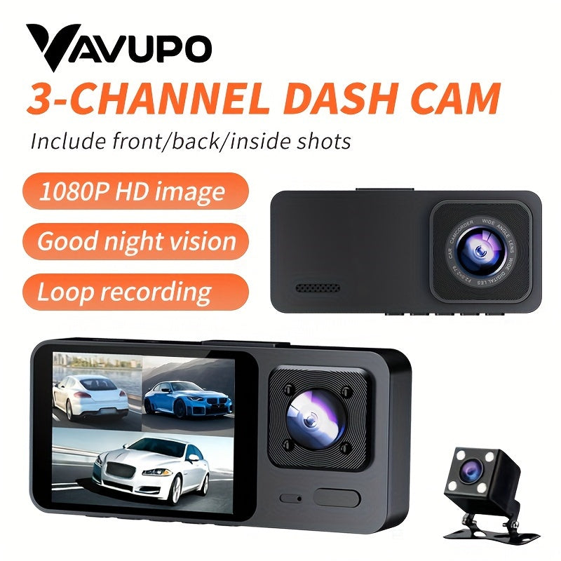 Vavupo 1080P Dash Cam, 3 Channel Dash Cam Front And Insid, Triple Dash Cam for Car, Dash Camera, 1080P Full UHD, G-Sensor, 170°Deg Wide Angle Dashboard with Infrared Night Vision