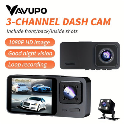 Vavupo 1080P Dash Cam, 3 Channel Dash Cam Front And Insid, Triple Dash Cam for Car, Dash Camera, 1080P Full UHD, G-Sensor, 170°Deg Wide Angle Dashboard with Infrared Night Vision