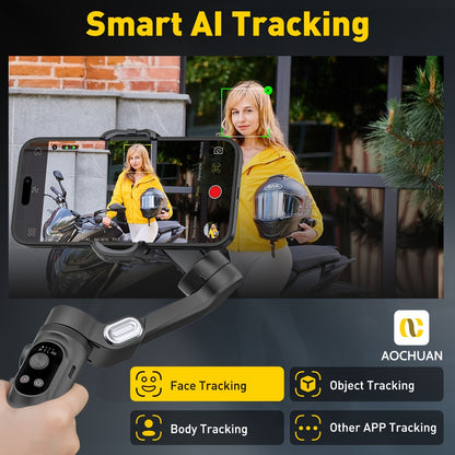 AOCHUAN Smart X Smartphone Gimbal Stabilizer With Built-in LED Light, 3-axis Foldable, For Vlogging, Suitable For iPhone And Android Phones
