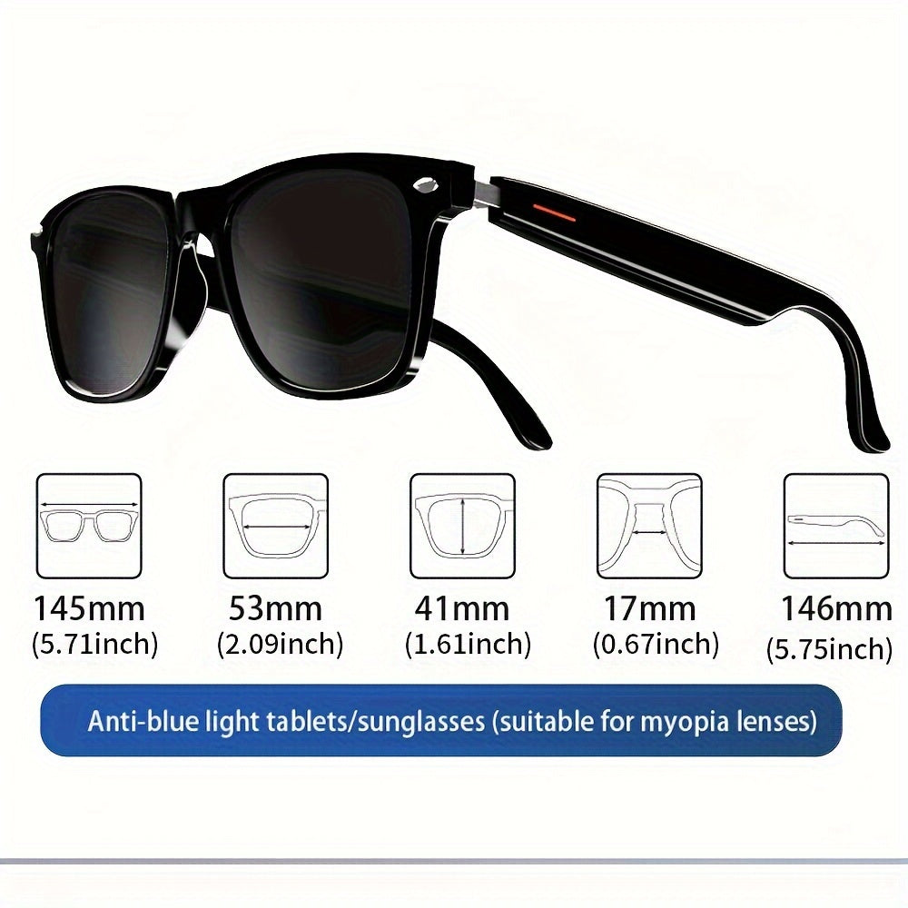 SENBONO Smart Glasses; Blue Light Filtering & Polarized Glass Lenses - Low Latency Audio - Built-in Mic & Speakers - Touch & AI Voice Assistant Compatible - 5hrs Battery - Rectangle/Large Gift For Birthday/Easter/President's