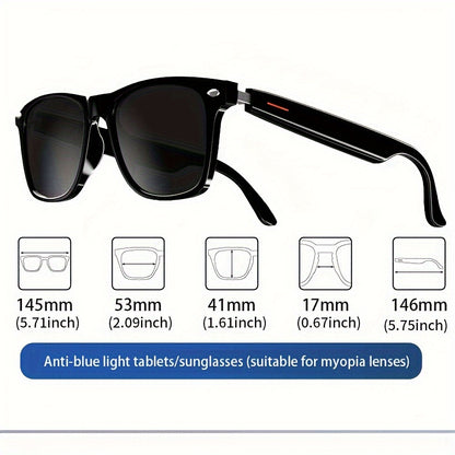 SENBONO Smart Glasses; Blue Light Filtering & Polarized Glass Lenses - Low Latency Audio - Built-in Mic & Speakers - Touch & AI Voice Assistant Compatible - 5hrs Battery - Rectangle/Large Gift For Birthday/Easter/President's