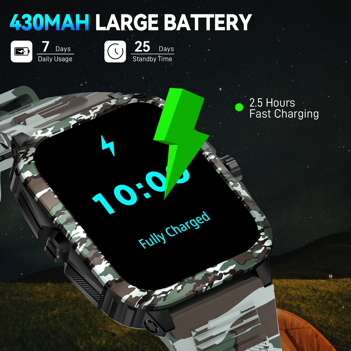 JELLOO Camo Style Smart Watch With Exercise Recording/Voice Assistant/Weather, 4.98cm Smartwatch With Wireless Call(Answer/Make/Reject Calls)/Sport Fitness Tracker With Multi-Sports Mode, For IPhone Android Phone