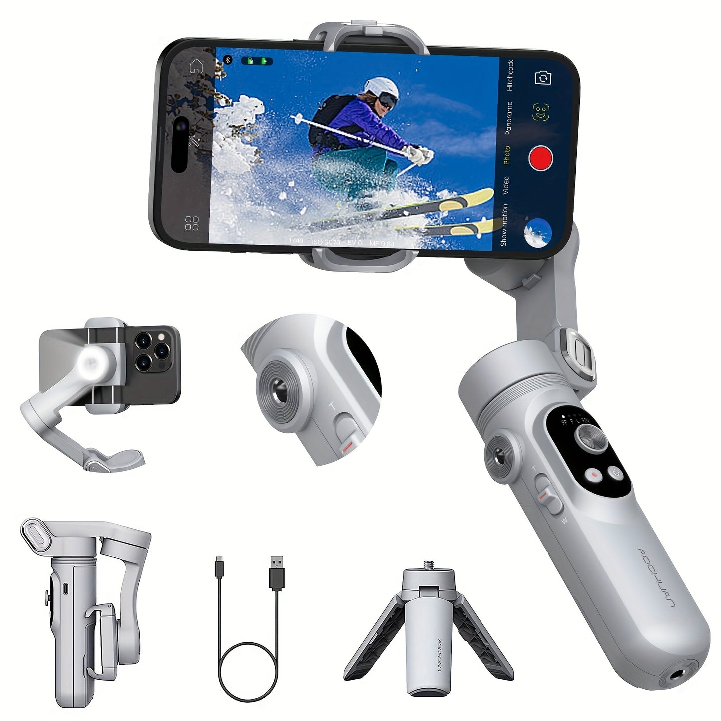 AOCHUAN Smart X Smartphone Gimbal Stabilizer With Built-in LED Light, 3-axis Foldable, For Vlogging, Suitable For iPhone And Android Phones